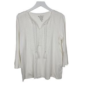 CHICO'S White Embroidered Cotton Boho Tassel V-neck Tunic - Chico's 0 - S